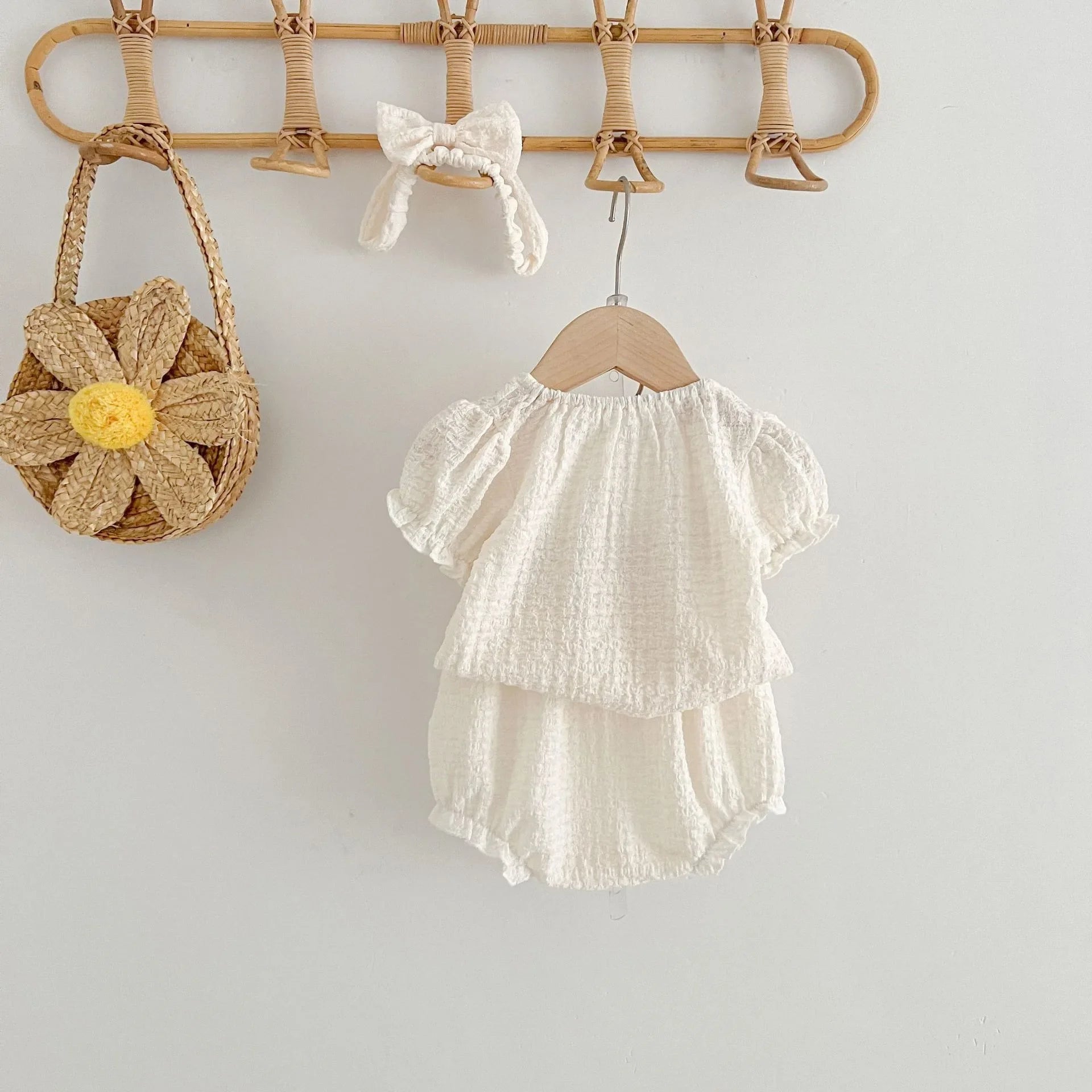 Puff Sleeve Blouse+ Solid Shorts & Bow Headband Set