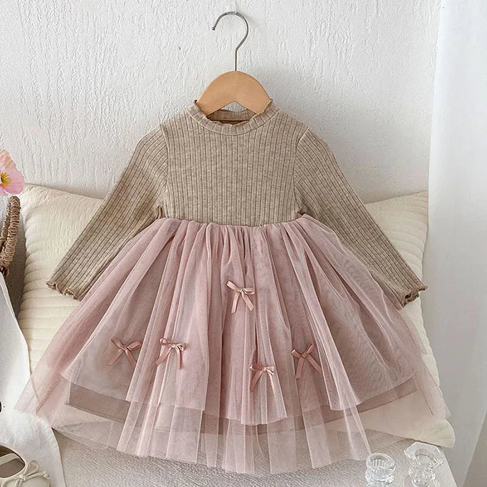Girls' Bow Mesh Long-Sleeve Dress