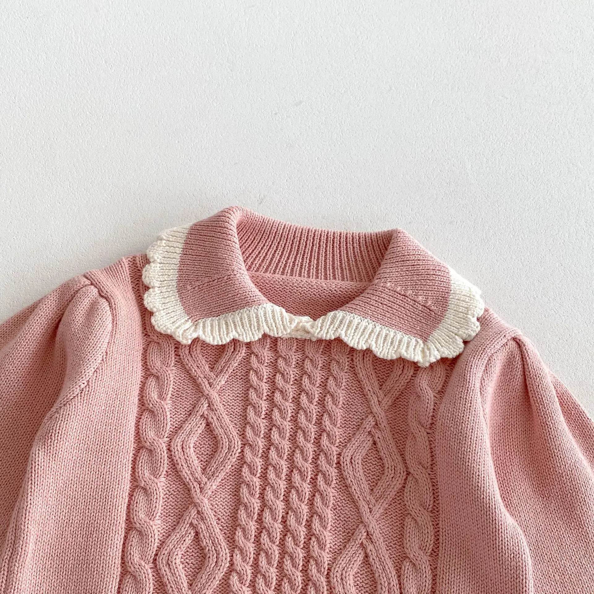 Girls Lace Lapel Knit Sweater & Pleated Skirt