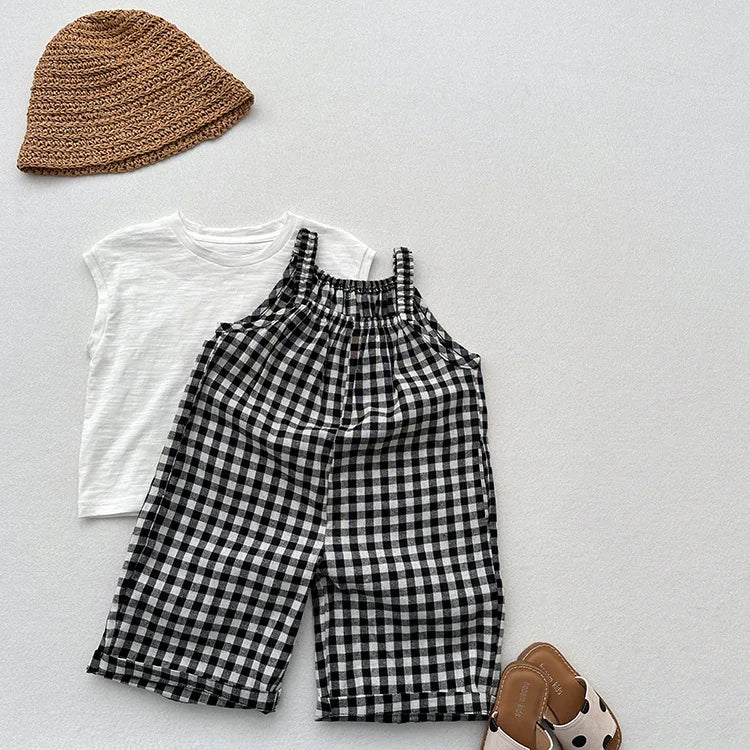 Girls' Plaid Wide-Leg Overalls