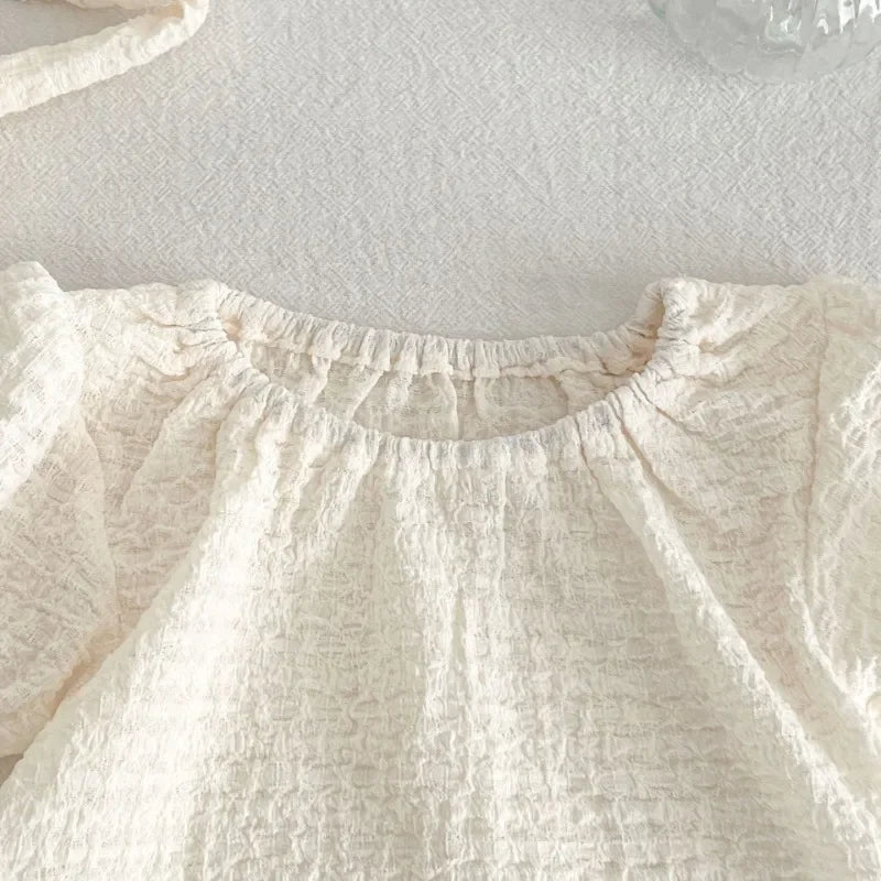 Puff Sleeve Blouse+ Solid Shorts & Bow Headband Set