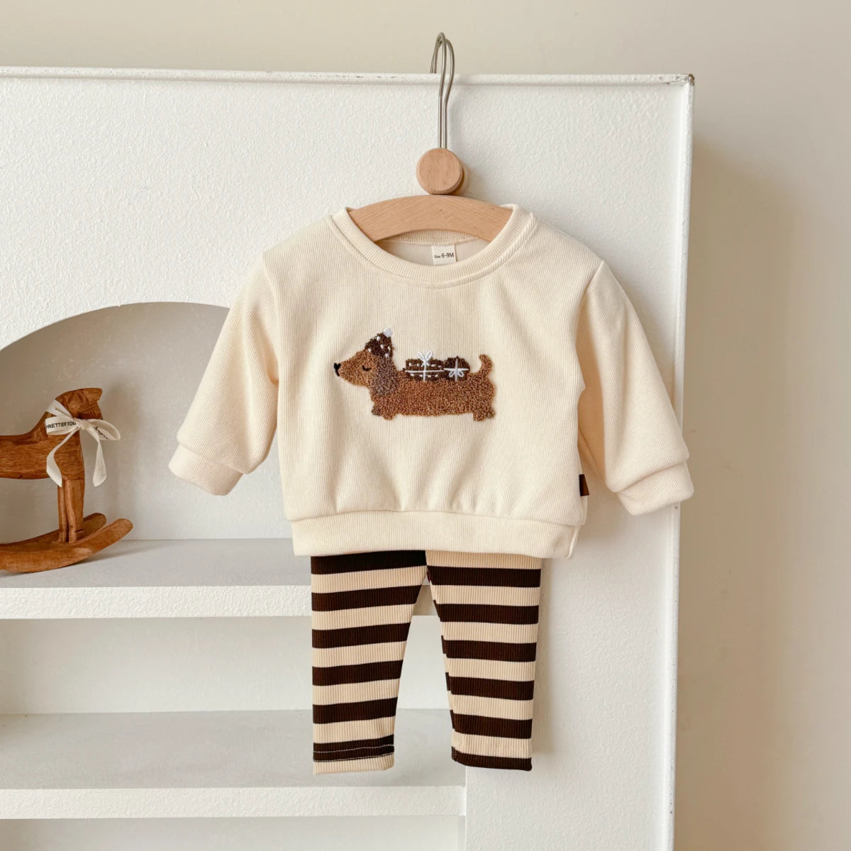 Cute Puppy Top & Striped Pants Set