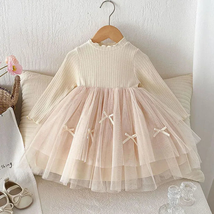 Girls' Bow Mesh Long-Sleeve Dress