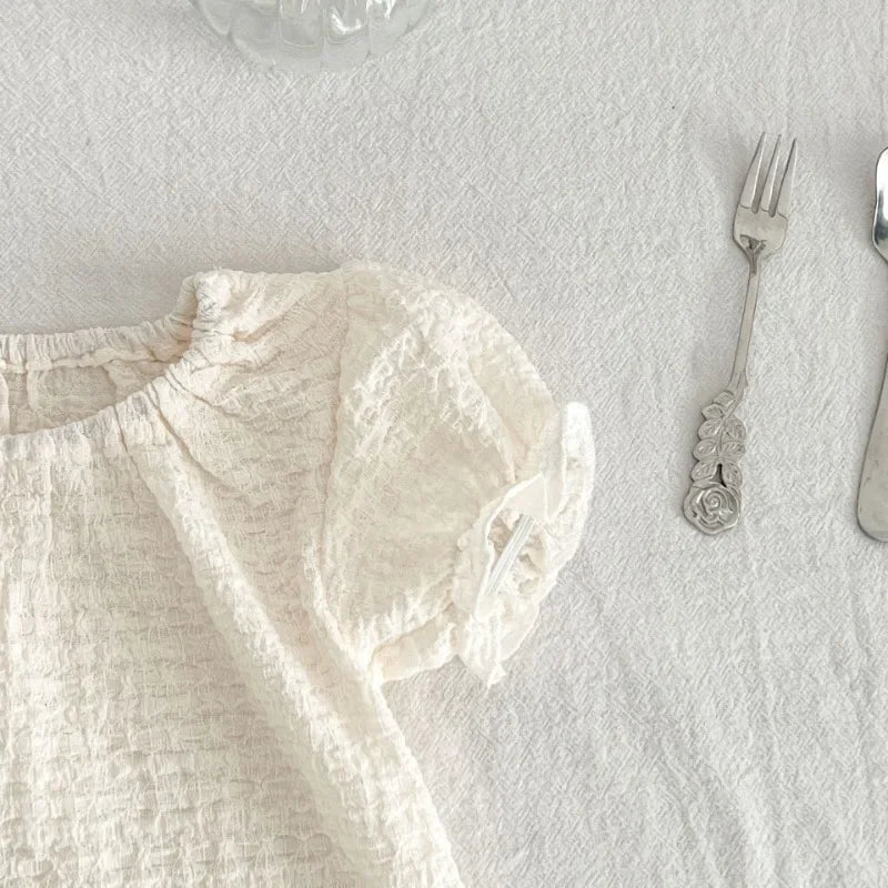 Puff Sleeve Blouse+ Solid Shorts & Bow Headband Set