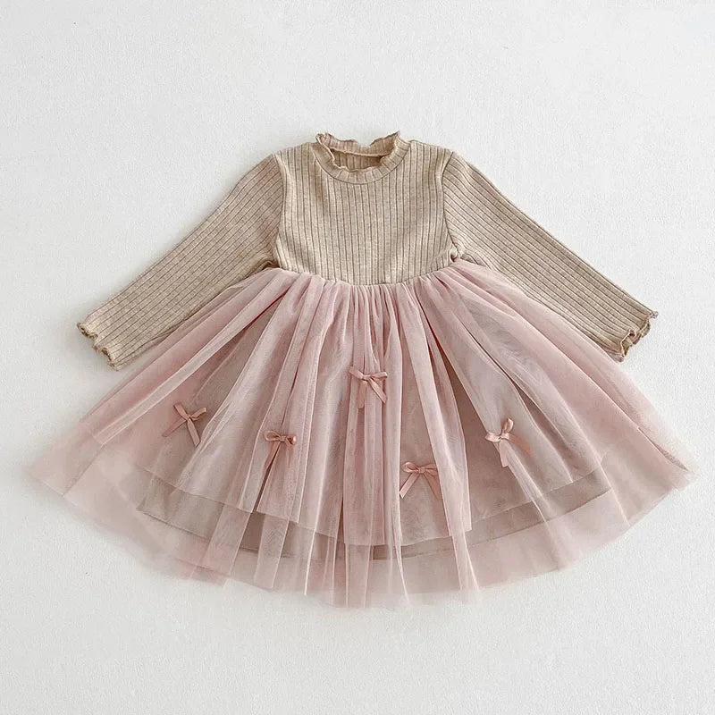 Girls' Bow Mesh Long-Sleeve Dress