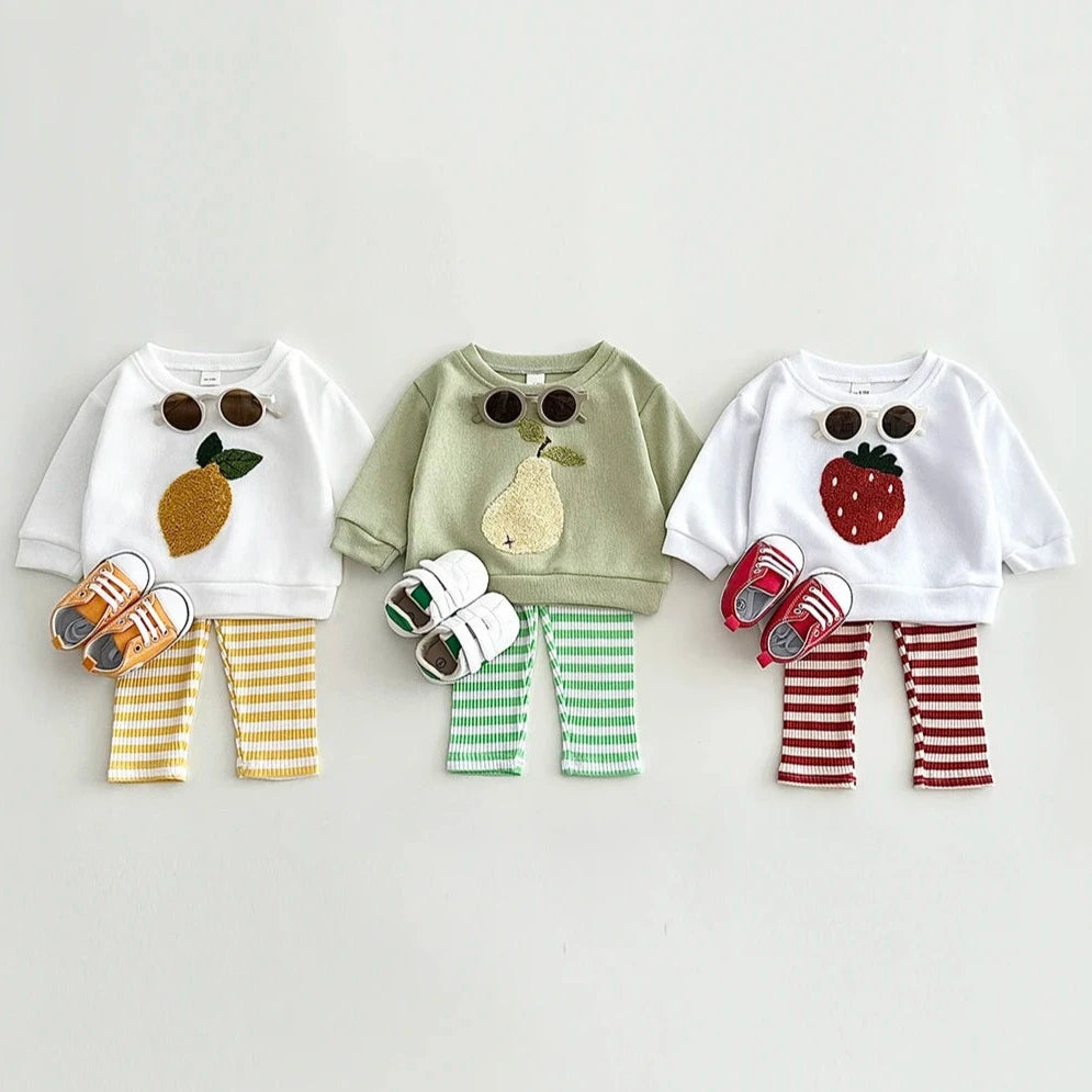 Plush Fruit Sweatshirt & Striped Leggings Set