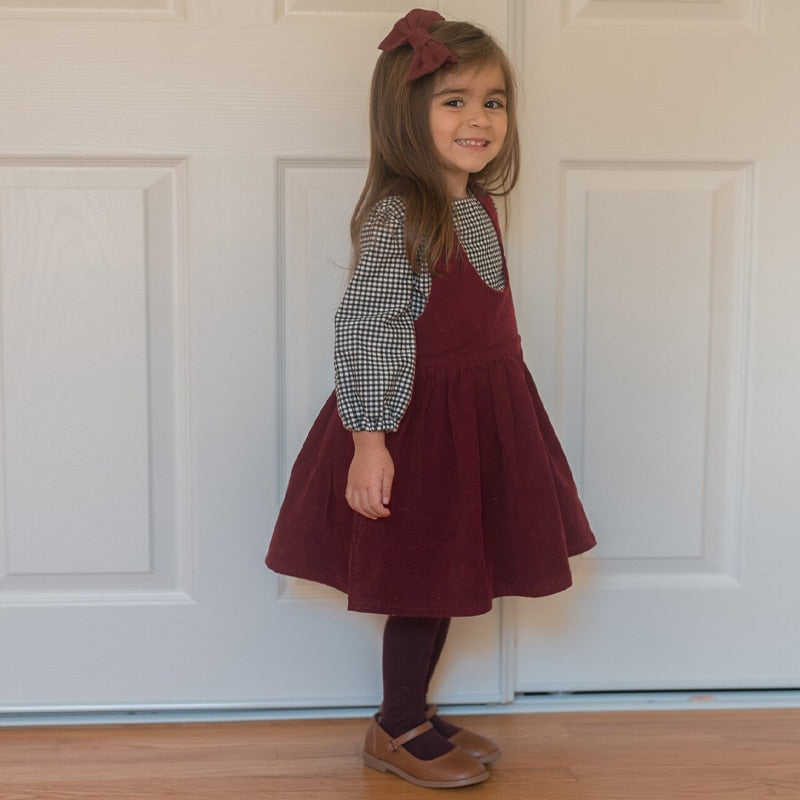 Girls U-Collar Red Corduroy Dress