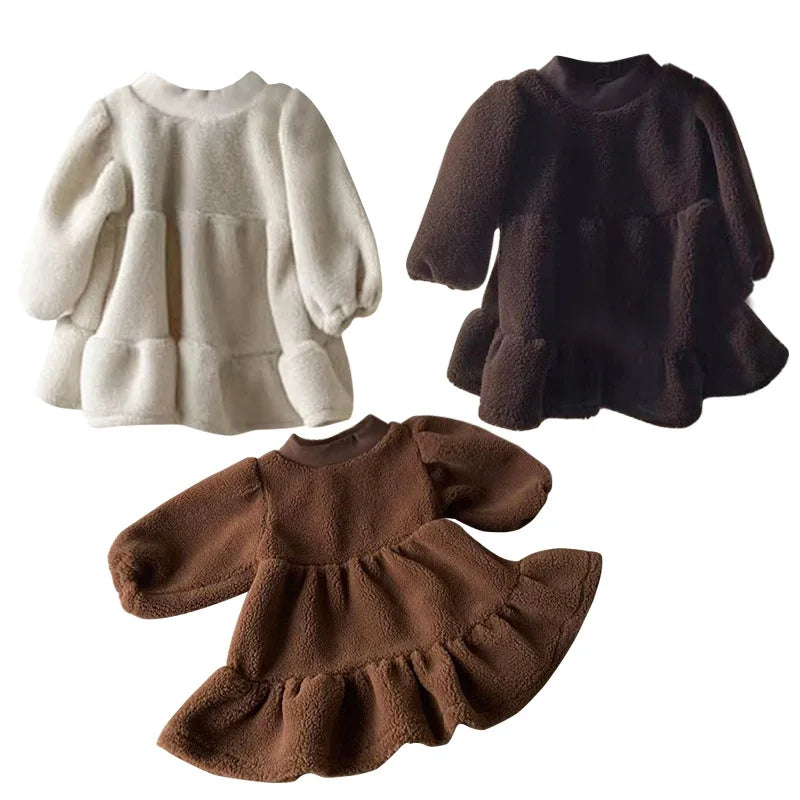 Retro Solid Fleece Long Sleeves Dress