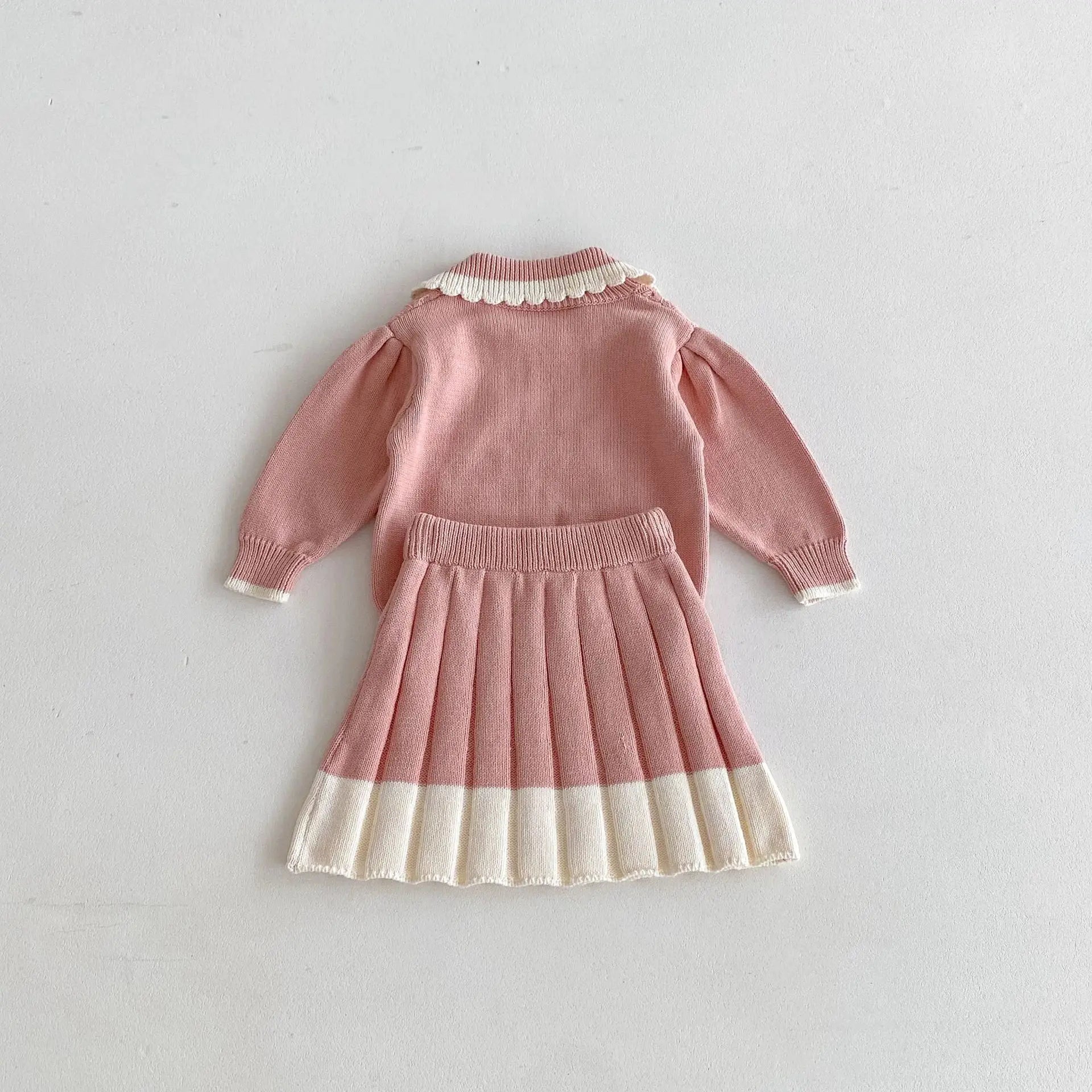 Girls Lace Lapel Knit Sweater & Pleated Skirt