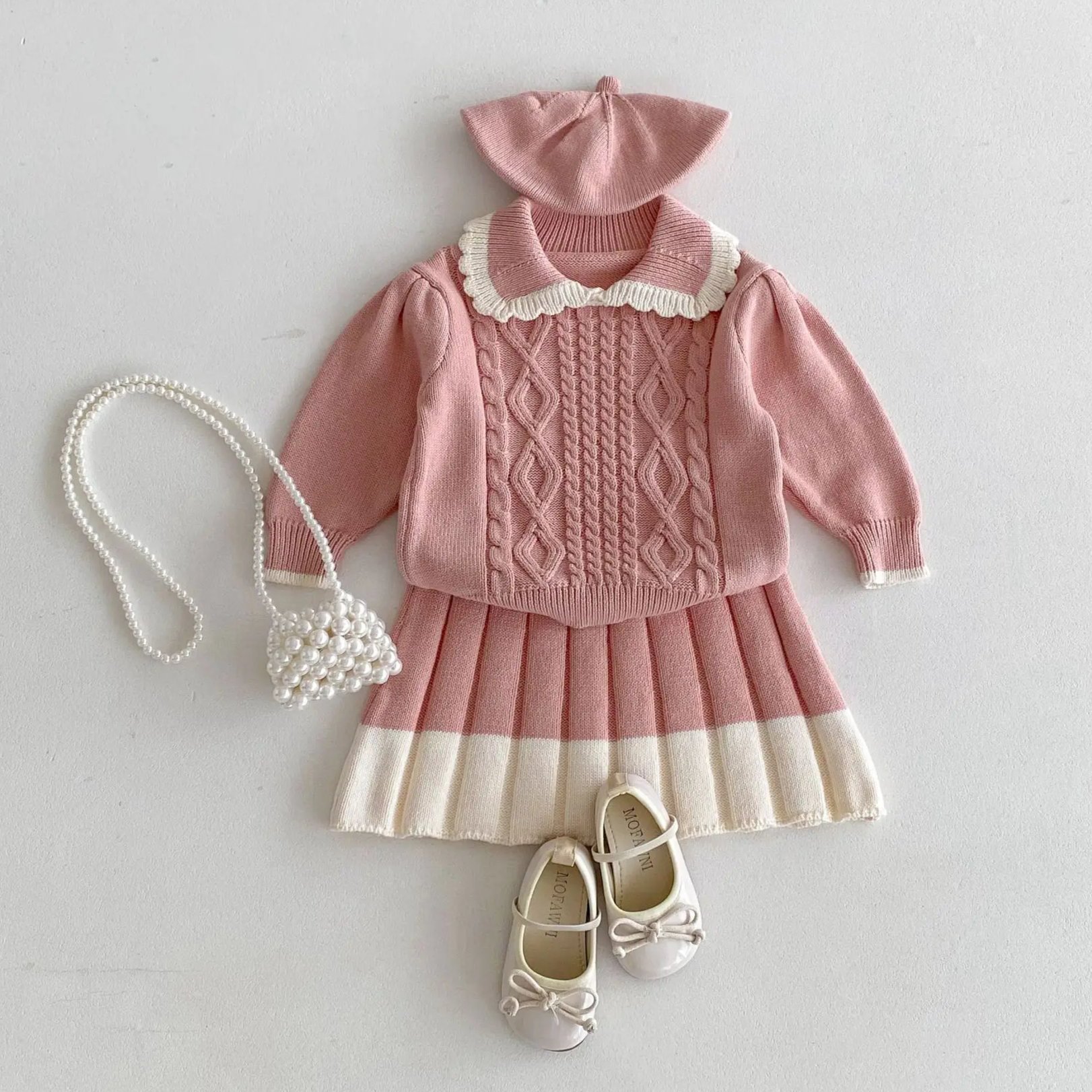 Girls Lace Lapel Knit Sweater & Pleated Skirt