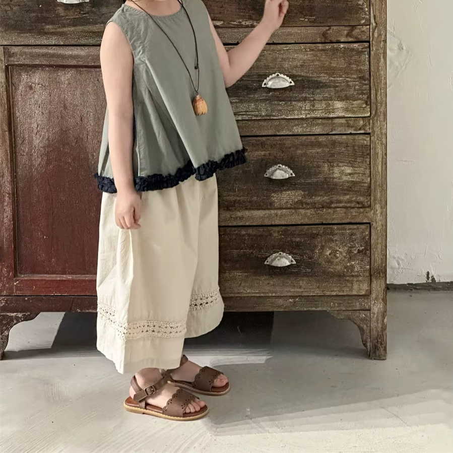 Girls' Cotton Lace Wide-Leg Pants