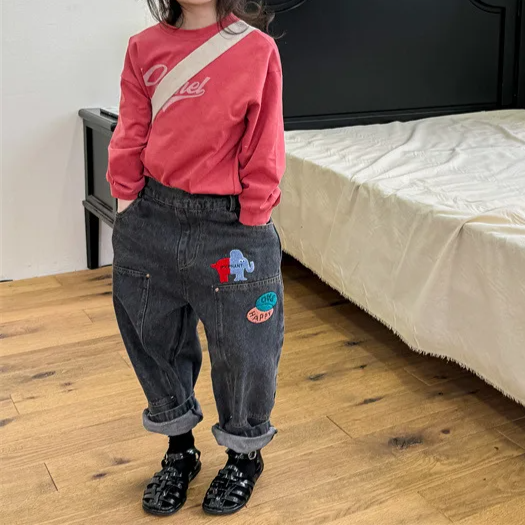 Kids Cartoon Patched Denim Pants