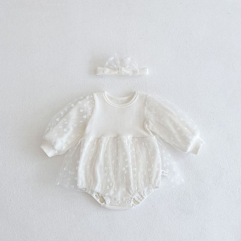 Daisy Embroidered Lace Romper with Head Band