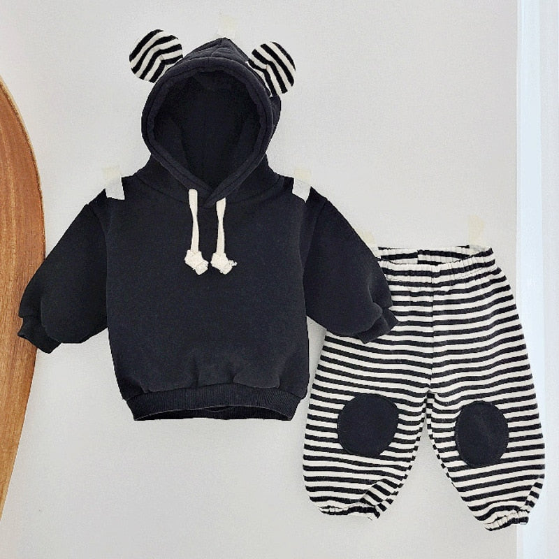 Bear Hooded Fleece Hoodie/Striped Patch Pants