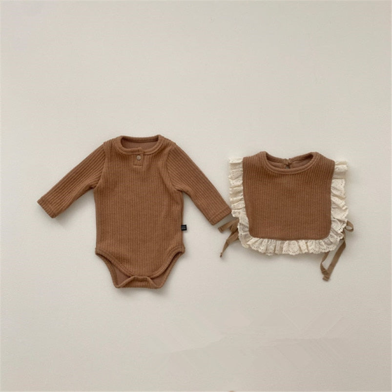 Long-Sleeved Onesie with Lace Bib