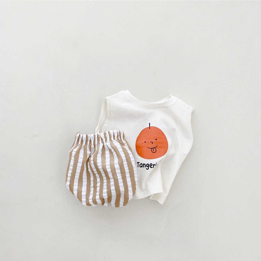 Fruit Print Sleeveless Tee & Striped Cotton Pants/Shorts
