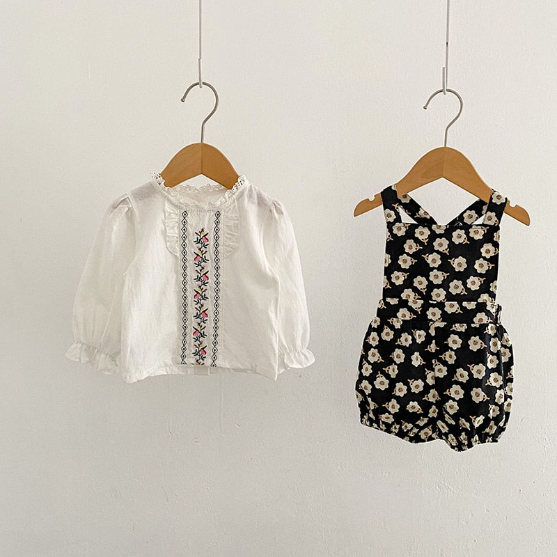 Embroidered Shirt and Floral Overalls Set