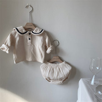 Long-Sleeved Collared Blouse and Shorts Sets