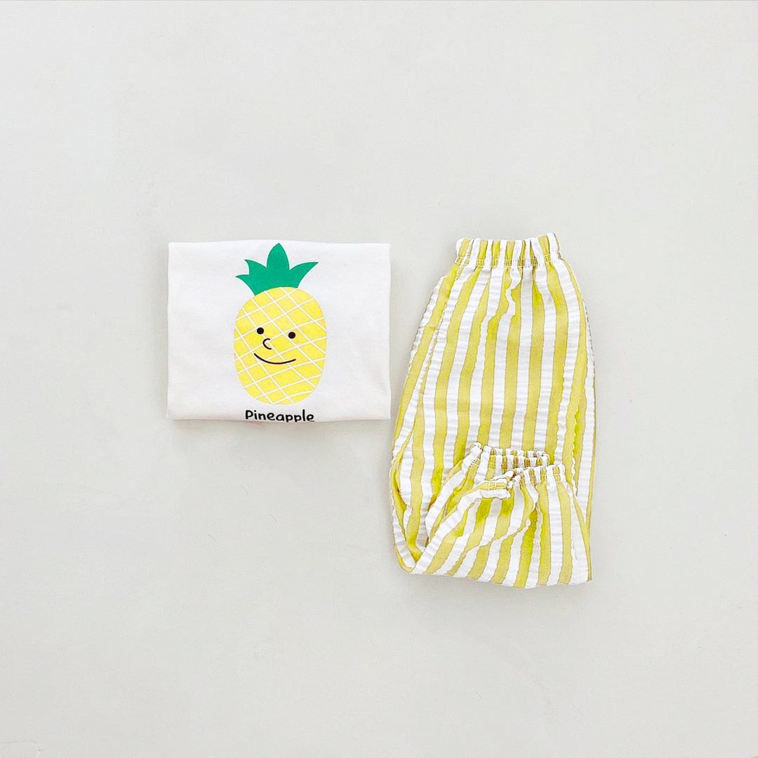 Fruit Print Sleeveless Tee & Striped Cotton Pants/Shorts