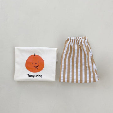 Fruit Print Sleeveless Tee & Striped Cotton Pants/Shorts