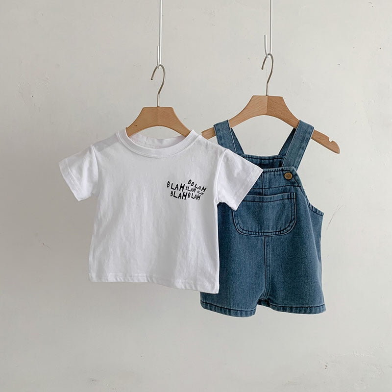 White Tee and Denim Overalls Set