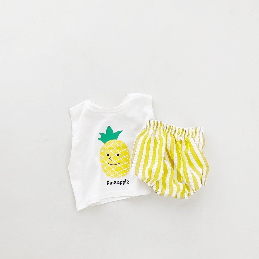 Fruit Print Sleeveless Tee & Striped Cotton Pants/Shorts